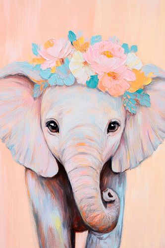 Schattige olifant met bloemenkrans