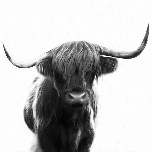 Scottish Highlander dans la peinture en noir et blanc de la neige par Sander Jacobs