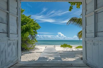 Uitzicht vanuit het raam op tropisch strand van Poster Art Shop