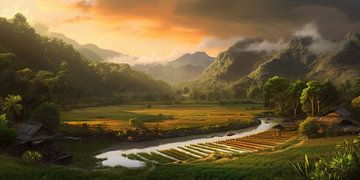 Verdwenen zon, mistig landschap: een serene sfeer van Surreal Media