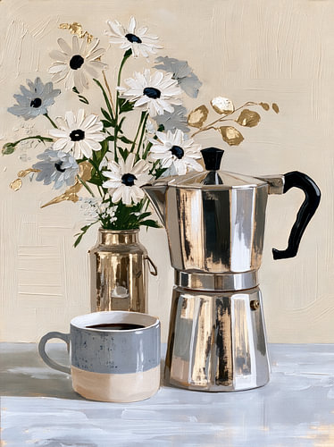 Morgenstimmung mit Kaffee und Blumen