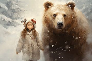 Winter landscape with a bear and a girl by Carla Van Iersel