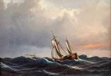 Een schip in volle zee bij zonsondergang, Anton Melbye