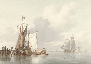 River view with moored ships, Martinus Schouman