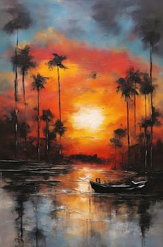Spiegelung im Sonnenuntergang und einsames Boot von De Muurdecoratie