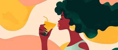 Woman with drink in warm colours