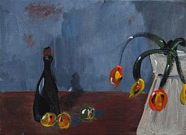 Bottle and vase with tulips by Kjeld Olsen