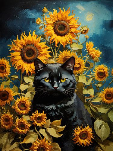Zwarte kat met zonnebloemen in artistieke stijl