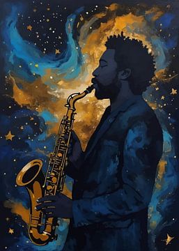 Man speelt saxofoon in abstracte sterrennacht van MIROKKU