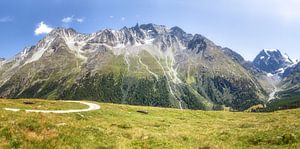 Schöne Berge hinter einer Bergwiese in Arolla, Evolène Region, Schweiz.