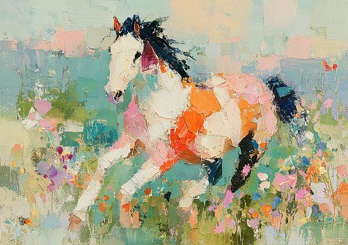 Cheval abstrait dans une prairie fleurie estivale