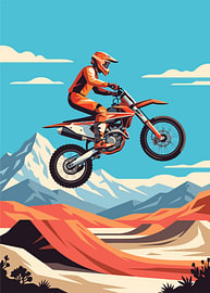Motocross rider soaring high above orange desert dunes valley by Adam Khabibi