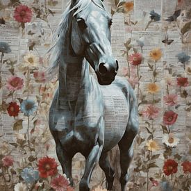 Pferd zwischen blühenden Rosen von Bart Veeken
