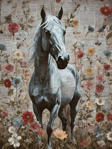 Cheval parmi les roses en fleurs