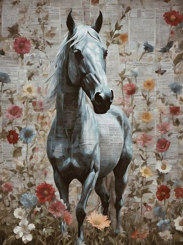 Pferd zwischen blühenden Rosen von Bart Veeken