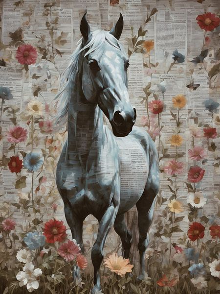 Paard tussen bloeiende rozen van Bart Veeken