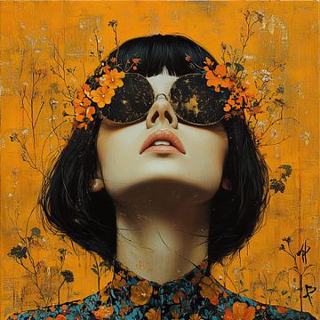 Bloemen Zonnebril | Vrouw Oranje Bloemen van Blikvanger Schilderijen
