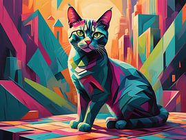 Abstract cat surrounded by vibrant colours