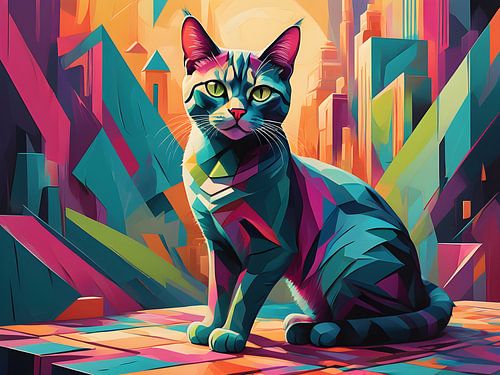 Abstracte kat omgeven door levendige kleuren