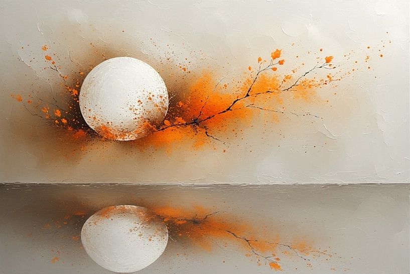 Un paysage minimaliste avec une lune ronde, une branche et une fleur d'oranger. par J.a Dijkstra