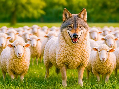 Een wolf vermomd tussen de schapen in de weide