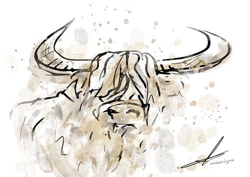 Schotse Hooglander Aquarel en pentekening - modern kunstwerk in waterverf stijl