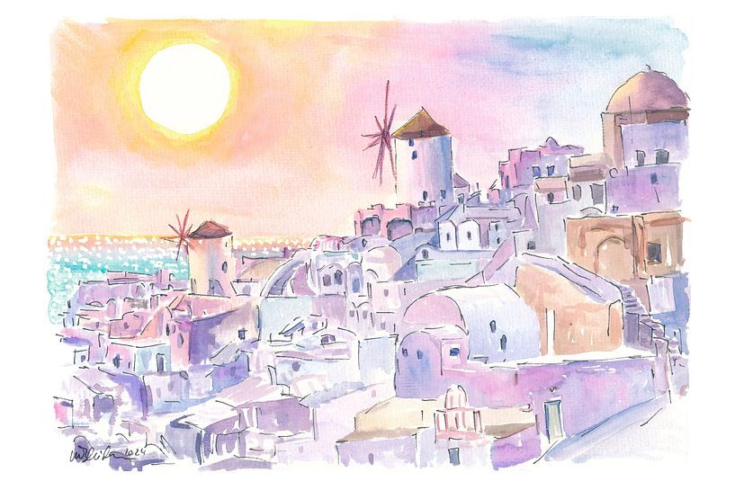 Santorini Oia Sonnenuntergang über den Kykladeninseln mit romantischen Windmühlen von Markus Bleichner