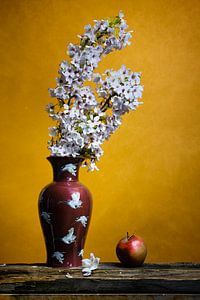 Apfelblüte in roter Vase vor gelber Wand. von Joey Hohage