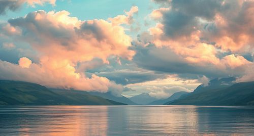 Glittering water surface, evening sky in the reflection