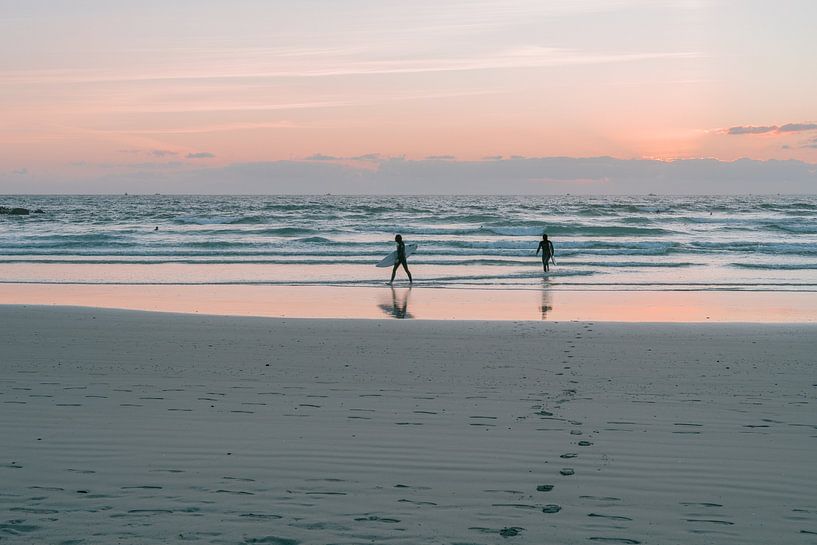 Surfers at sunset | Atlantic coast Brittany France | Photo print sea travel photography by HelloHappylife