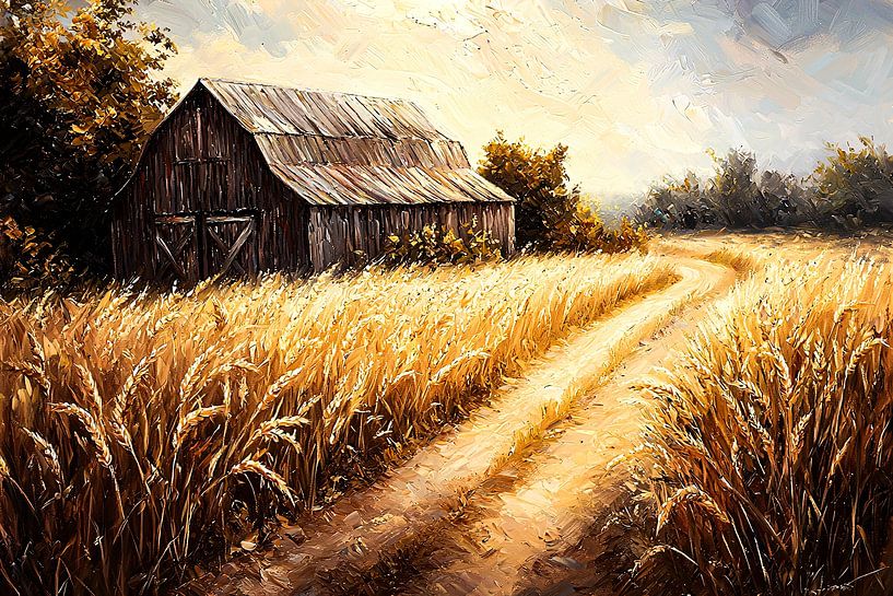 Barn in golden wheat field by Imperial Art House