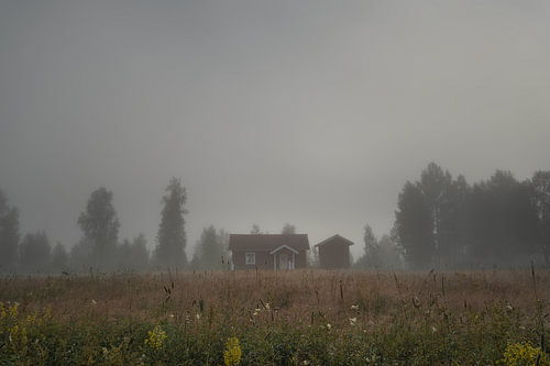 Morgennebel in der schwedischen Wildnis – Horizontales Panorama einer roten Blockhütte in Värmland