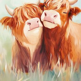 Highland Animals | Zwei schottische Kühe im Sommer von Blickfänger Gemälde