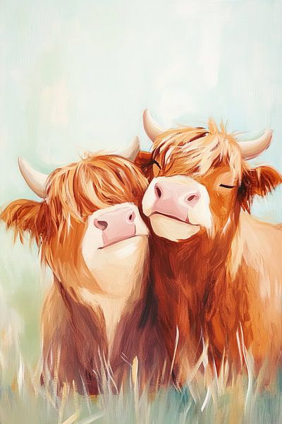 Highland Animals | Two Scottish Cows in Summer by Eye catching paintings