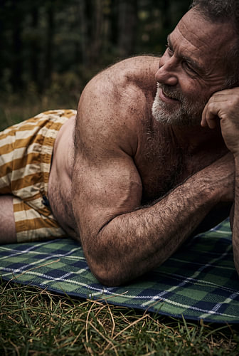 Ein robuster Mann, der sich im Freien ausruht