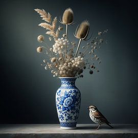 Classic still life with Delft blue vase and bird by Kleurenrijk