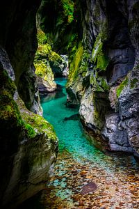 Blaues Wasser in einer Schlucht mit Moos auf den Felsen