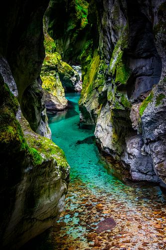 Blue water in a gorge with moss on the rocks