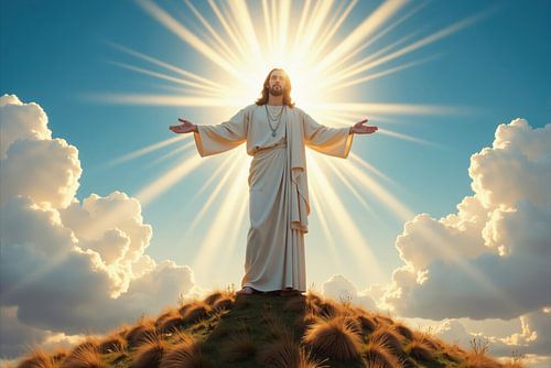 Afbeelding van Jezus Christus op heuveltop met stralend zonlicht en C