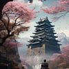Samurai | landscape with castle and blossom trees 10 by Digitale Schilderijen