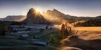 Sunrise at the Alpe di Siusi in the Dolomites.