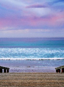 regnerischer Sonnenaufgang über dem Strand und dem Meer mixed media von Werner Lehmann