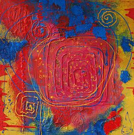 Cercles et carrés sur fond rouge-jaune