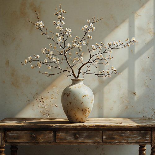 Een stilleven landelijke stijl  oude verweerde aardewerk vaas met bloesem takken.