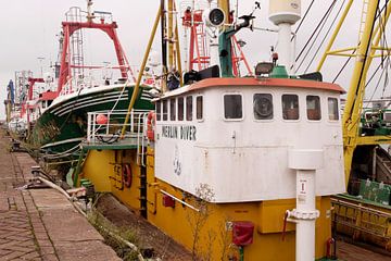 Fischerboote im Hafen von IJmuiden I Industriell I Vintage-Farbdruck von Floris Trapman