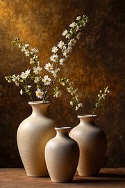 3 aardewerken vazen met gipskruid