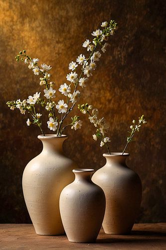 3 aardewerken vazen met gipskruid