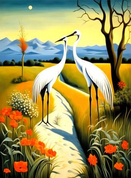 Two cranes at the edge of the meadow by Quinta Mandala