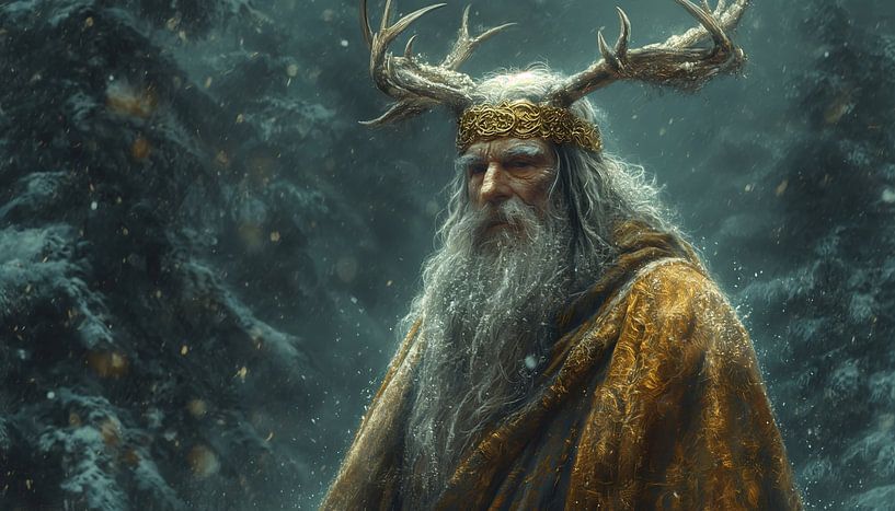 Wise king with deer antlers in winter splendour by artefacti