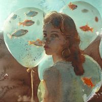 Frau Porträt mit Fisch in Ballons - Aquarell Kunst